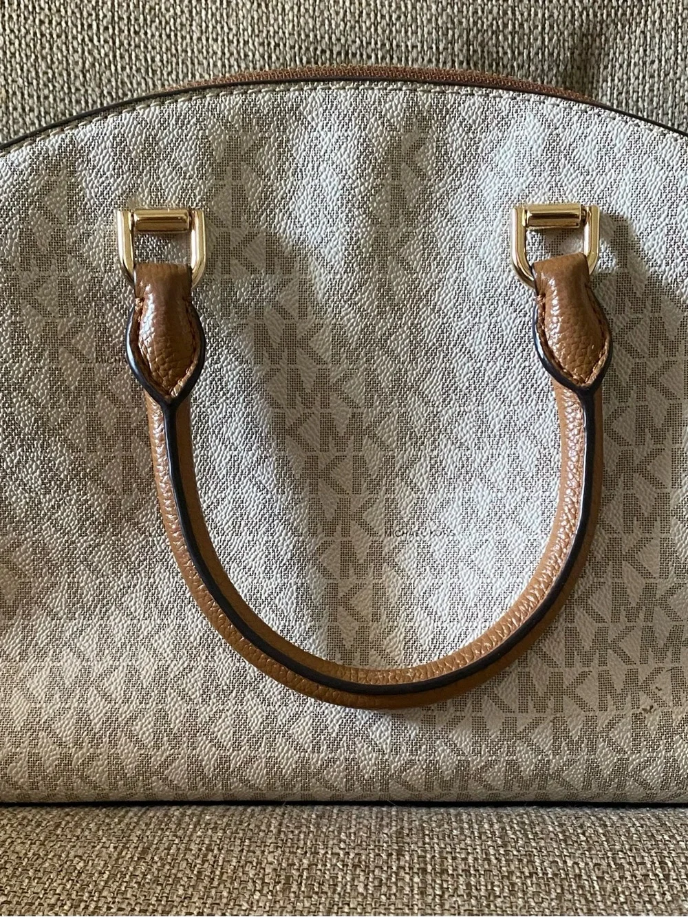 Michael Kors Signature Dome Satchel in Vanilla and Acorn Brown